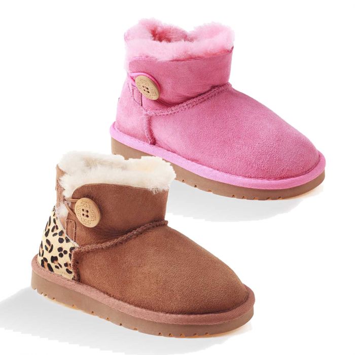 UGG OZWEAR Kids Ugg Mini Button Boots Water Resistant Double Face Sheepskin