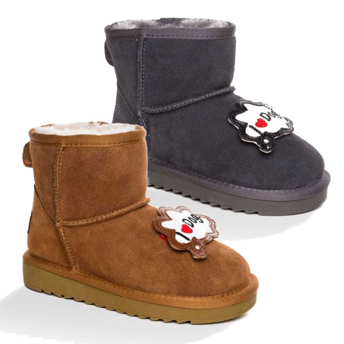 UGG OZWEAR Kids I Love Dog Mini Boots Cow Suede Premium Sheepskin Wool